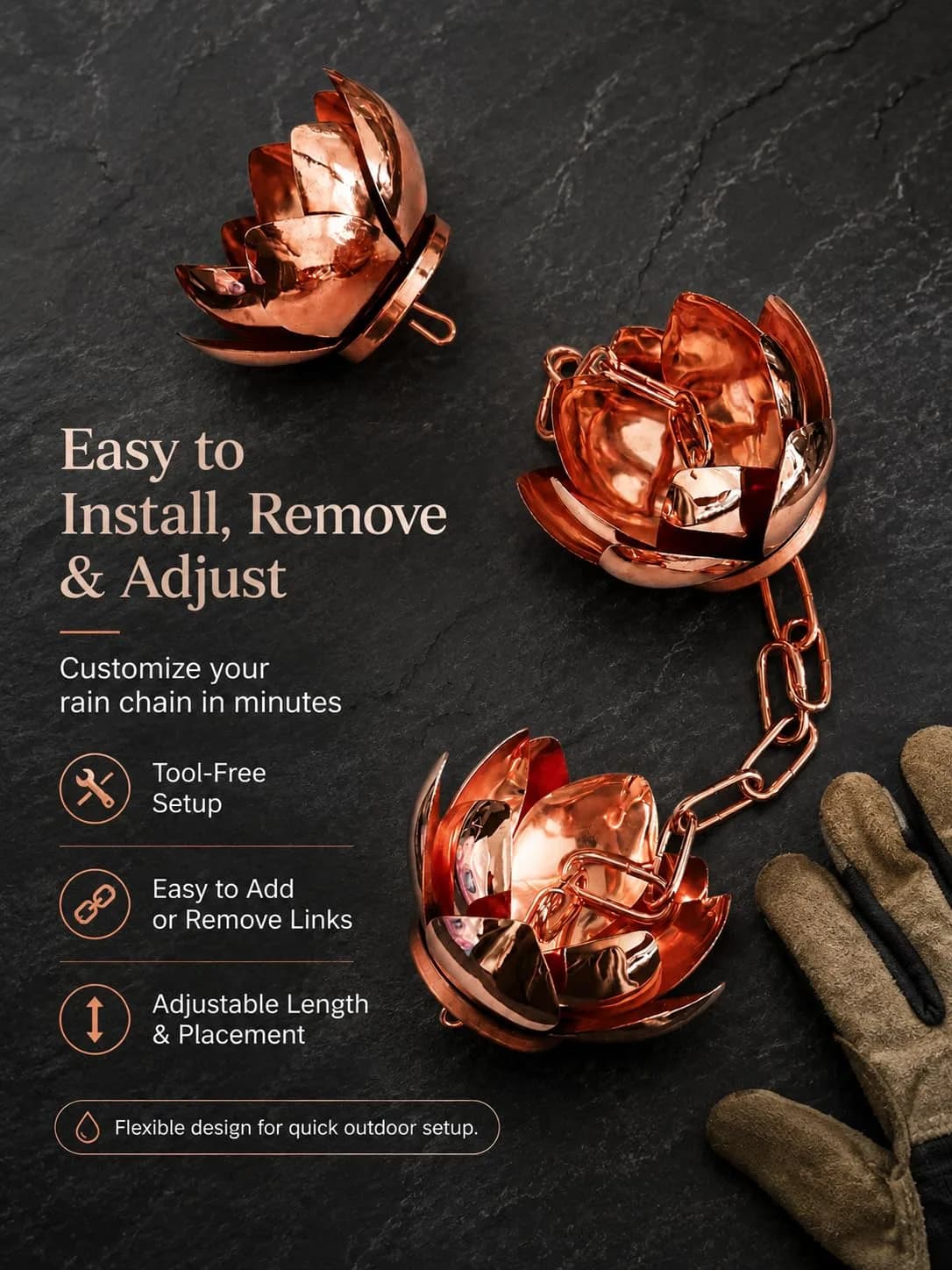 Wellrain Rose Gold Lotus Rain Chain 2.59 m (8.5 FT) | Decorative Downspout Replacement with Crystal Pendant - view 4