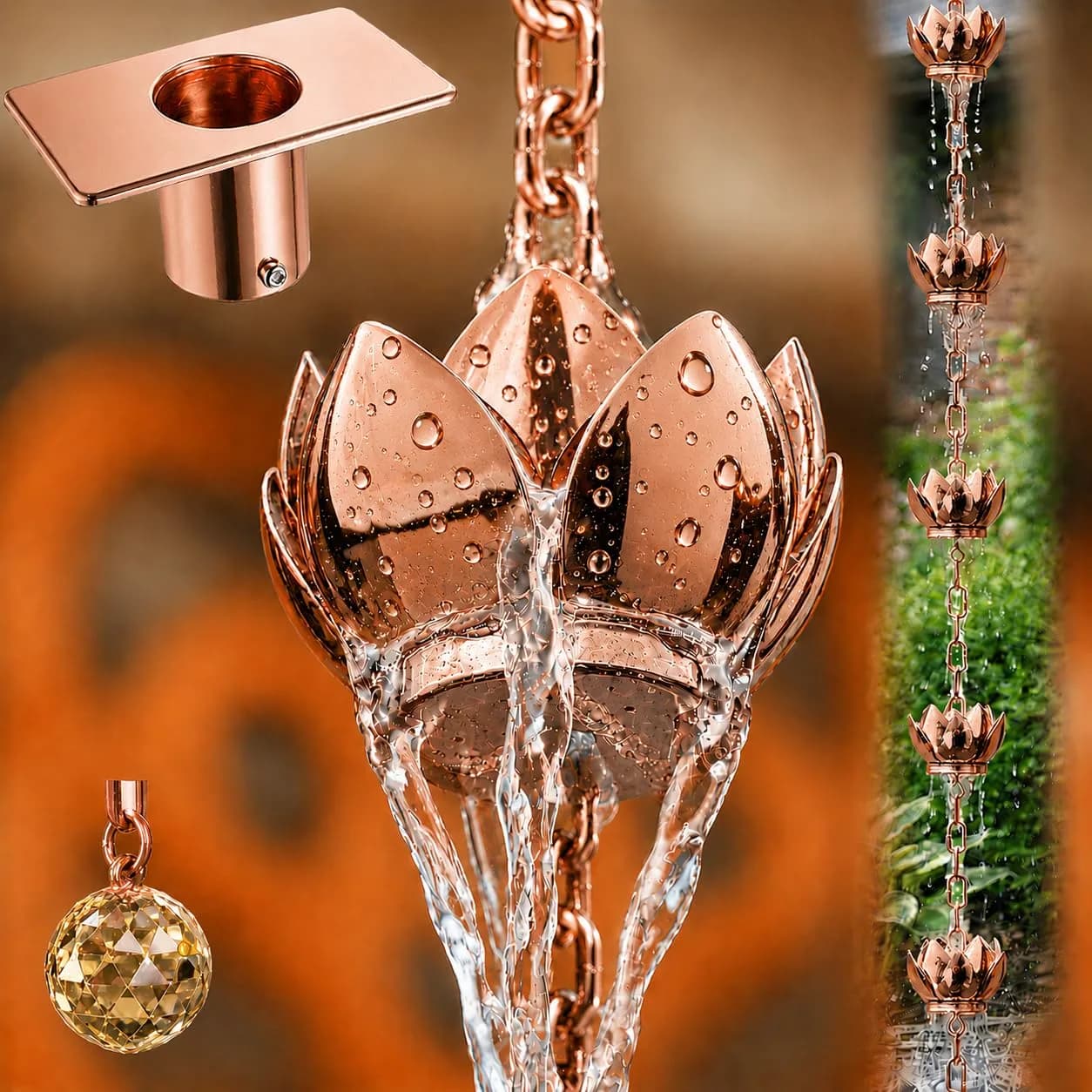 Wellrain Rose Gold Lotus Rain Chain 2.59 m (8.5 FT) | Decorative Outdoor Water Feature with 12 Flower Cups