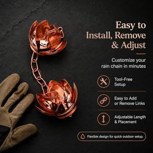 Wellrain Rose Gold Lotus Rain Chain 2.59 m (8.5 FT) | Decorative Outdoor Water Feature with 12 Flower Cups thumbnail 4