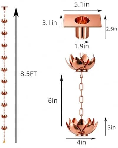 Wellrain Rose Gold Lotus Rain Chain 2.59 m (8.5 FT) | Decorative Outdoor Water Feature with 12 Flower Cups thumbnail 3