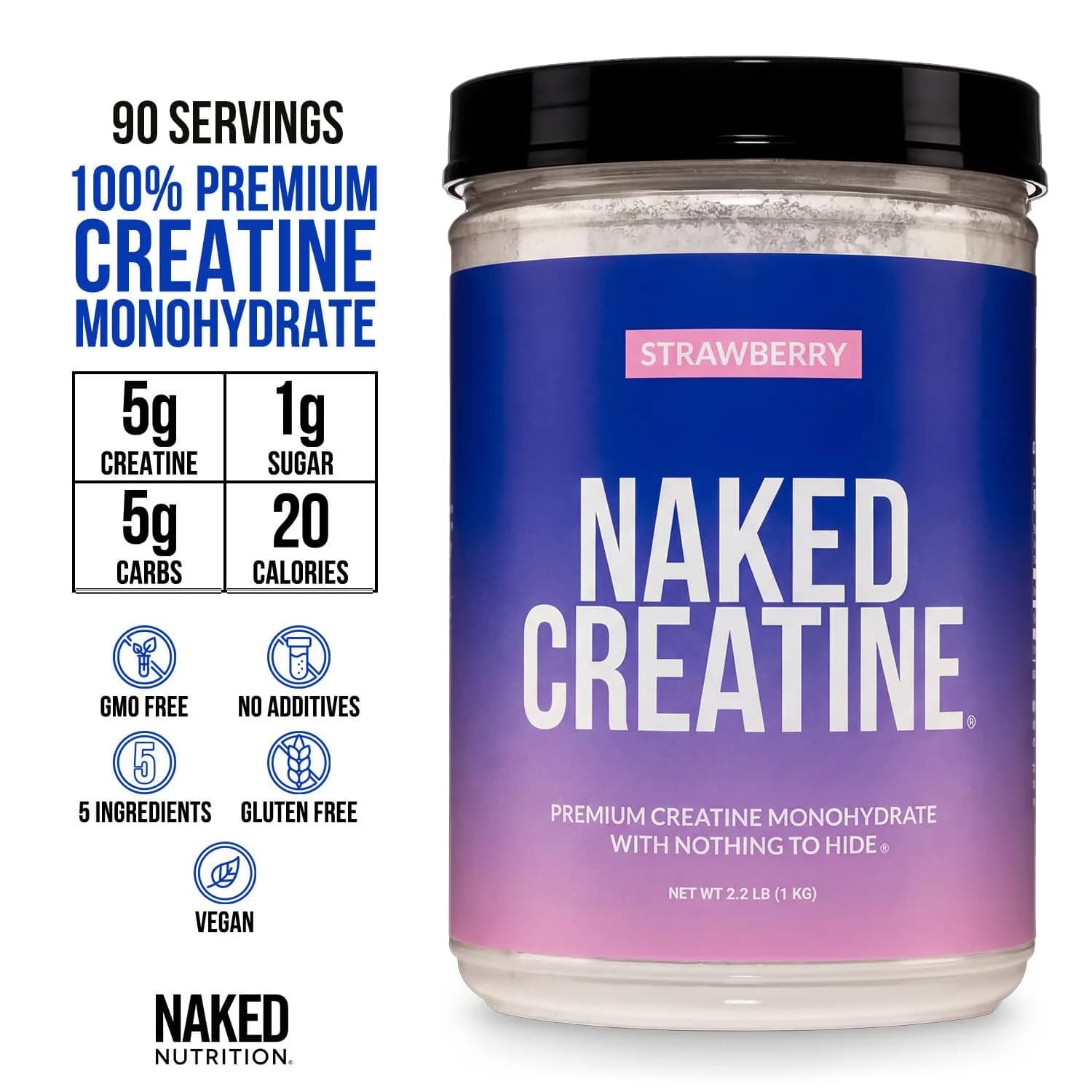 NAKED Creatine - Strawberry Flavored Creatine Monohydrate, 90 Servings, Vegan, Non-GMO, Gluten Free, Soy Free - view 2