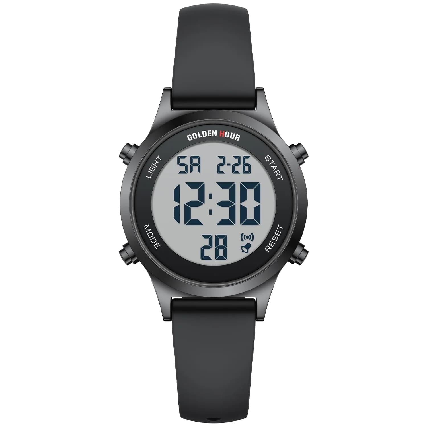 GOLDEN HOUR Women's Waterproof Digital Sports Watch 32mm Black Case in Black Band | 50M Water-Resistant, Alarm & Stopwatch — Black/Black