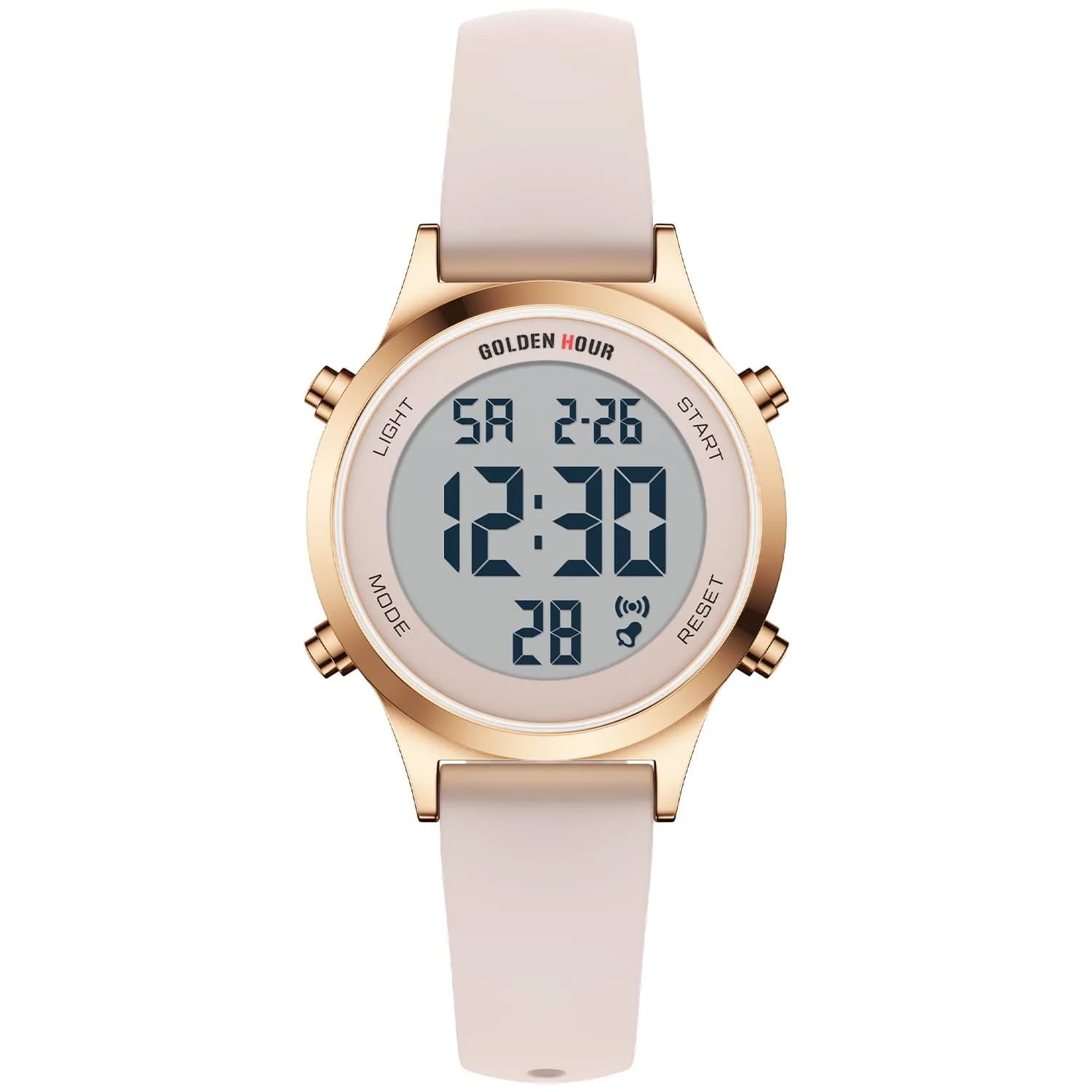 GOLDEN HOUR Women's Waterproof Digital Sports Watch 32mm Black Case in Black Band | 50M Water-Resistant, Alarm & Stopwatch — Sand Pink/Rose Gold