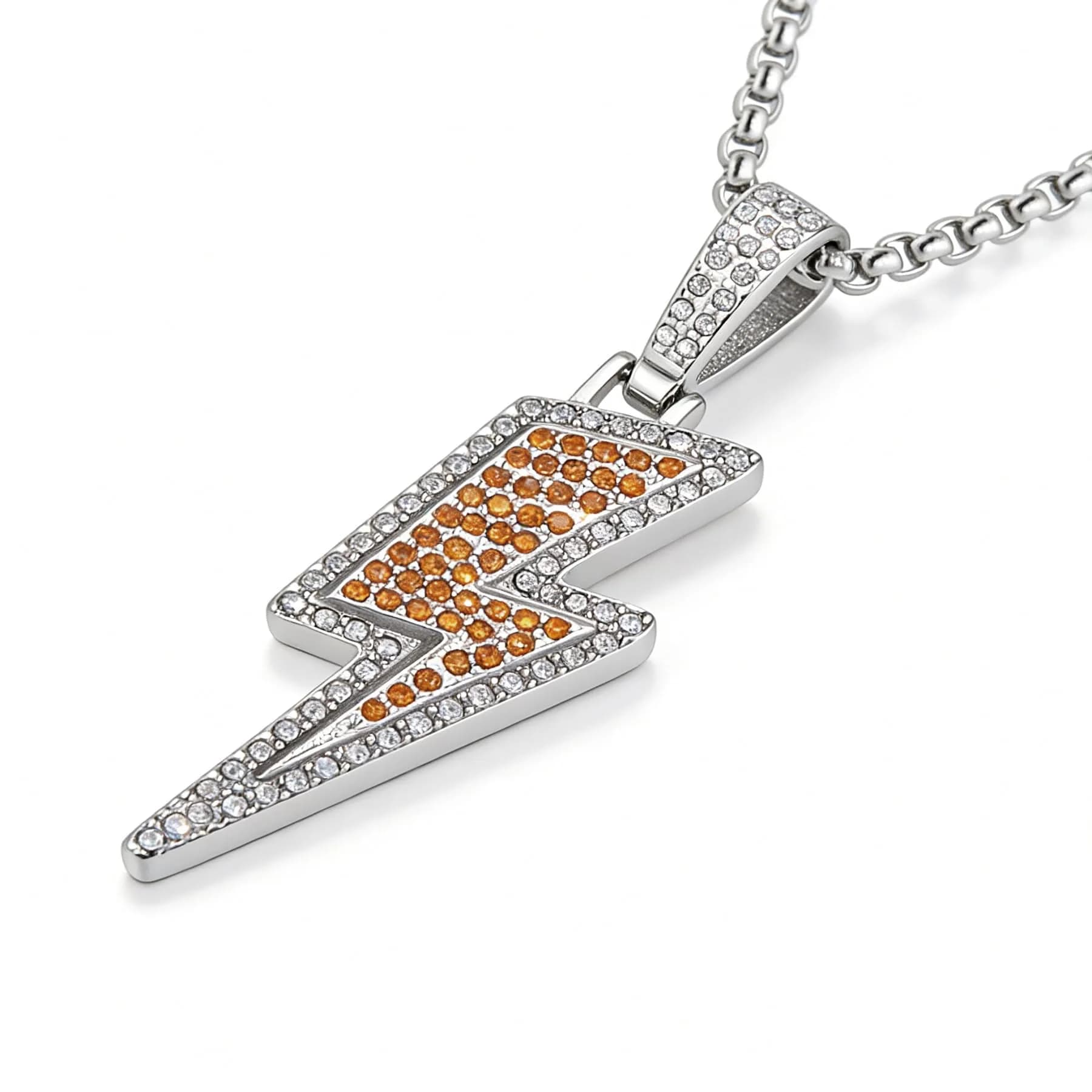 AsAlways Lightning Bolt Necklace for Men, with 22"+2" Rolo Chain | Strength & Power Accessory — Large CZ-Silver Gold