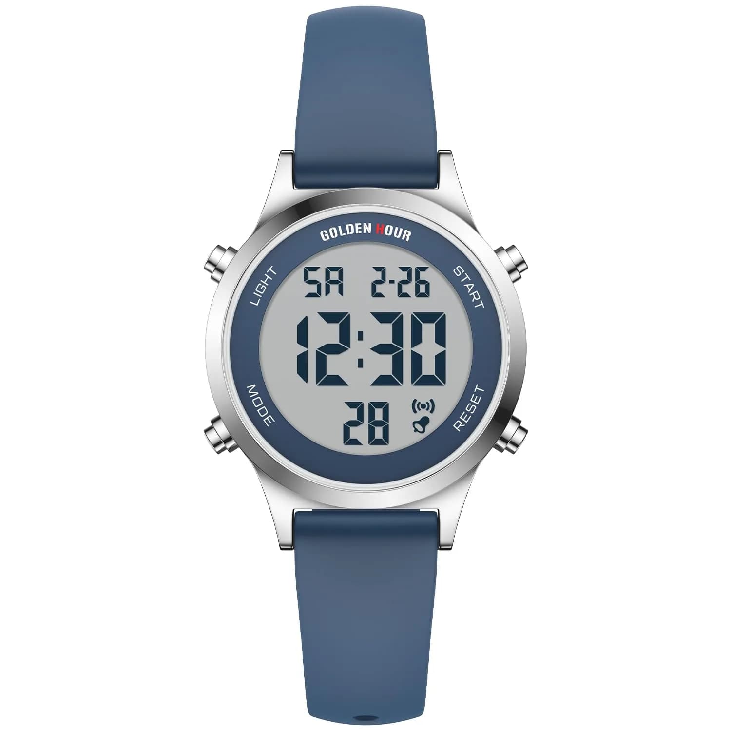 GOLDEN HOUR Women's Waterproof Digital Sports Watch 32mm Silver Case in Blue Strap | 50M Water-Resistant, Alarm & Stopwatch — Blue/Silver