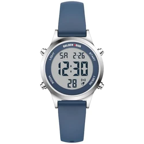 GOLDEN HOUR Women's Waterproof Digital Sports Watch 32mm Silver Case in Blue Strap | 50M Water-Resistant, Alarm & Stopwatch thumbnail 1
