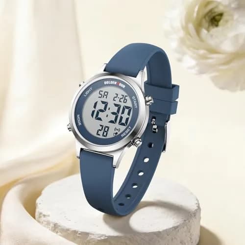 GOLDEN HOUR Women's Waterproof Digital Sports Watch 32mm Silver Case in Blue Strap | 50M Water-Resistant, Alarm & Stopwatch thumbnail 5