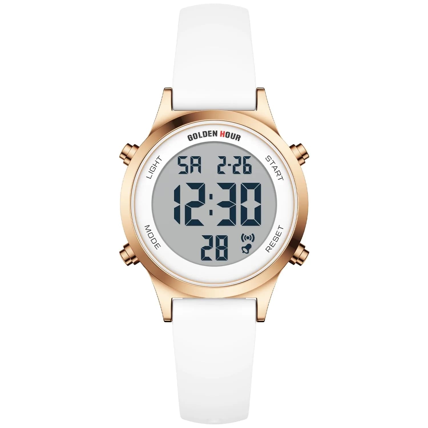 GOLDEN HOUR Women's Waterproof Digital Sports Watch 32mm Silver Case in Blue Strap | 50M Water-Resistant, Alarm & Stopwatch — White/Rose Gold