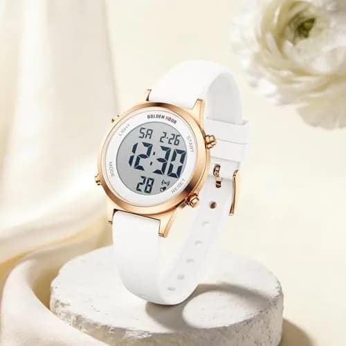 GOLDEN HOUR Women's Waterproof Digital Sports Watch 32mm Rose Gold Case in White Silicone Strap thumbnail 5