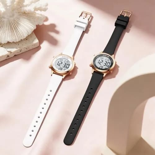 GOLDEN HOUR Women's Waterproof Digital Sports Watch 32mm Rose Gold Case in White Silicone Strap thumbnail 6