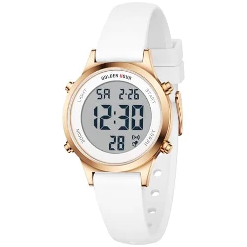 GOLDEN HOUR Women's Waterproof Digital Sports Watch 32mm Rose Gold Case in White Silicone Strap thumbnail 2