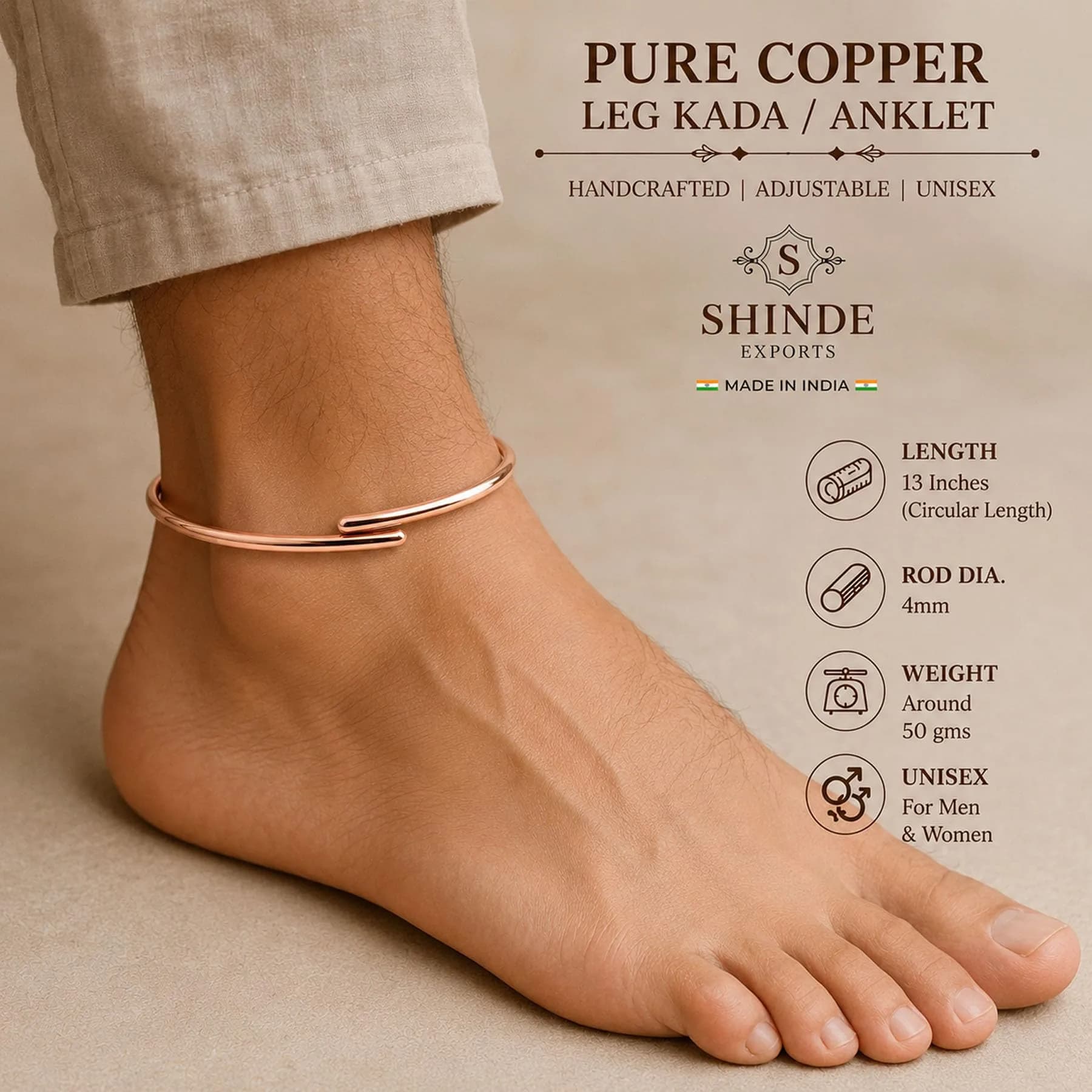 SHINDE EXPORTS Pure Copper Leg Anklet Bracelet Kada for Men and Women | 50gms 4mm Rod, 12-inch Adjustable thumbnail 5