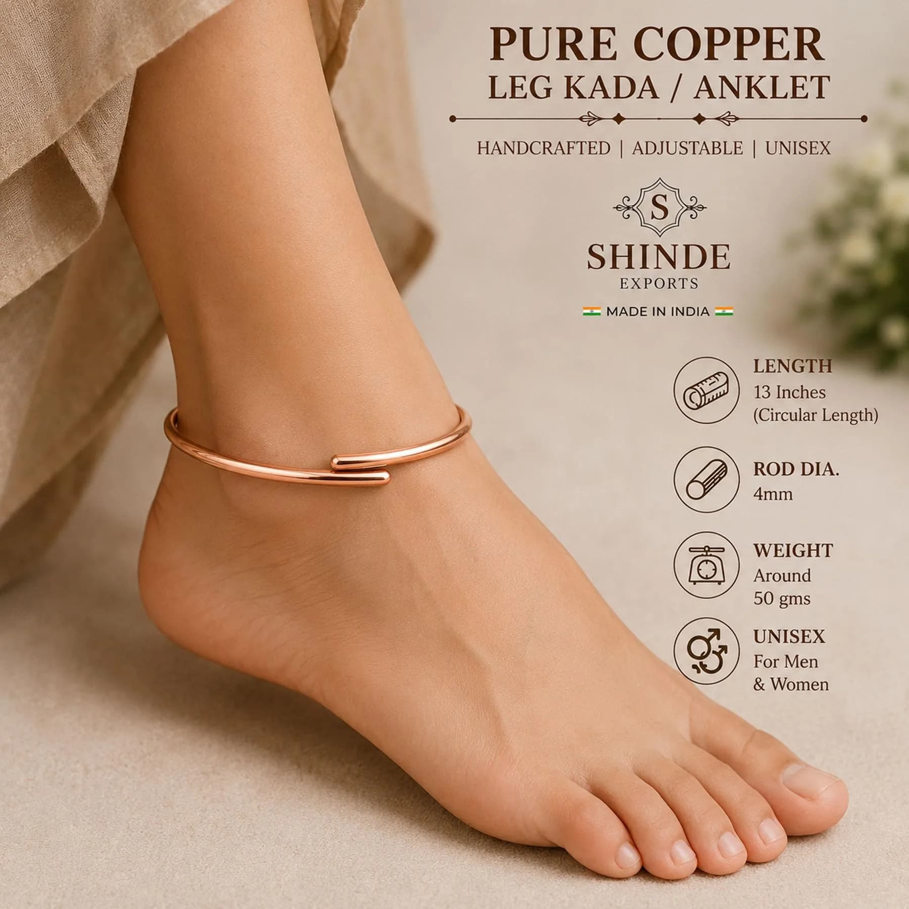 SHINDE EXPORTS Pure Copper Leg Anklet Bracelet Kada for Men and Women | 50gms 4mm Rod, 12-inch Adjustable thumbnail 3