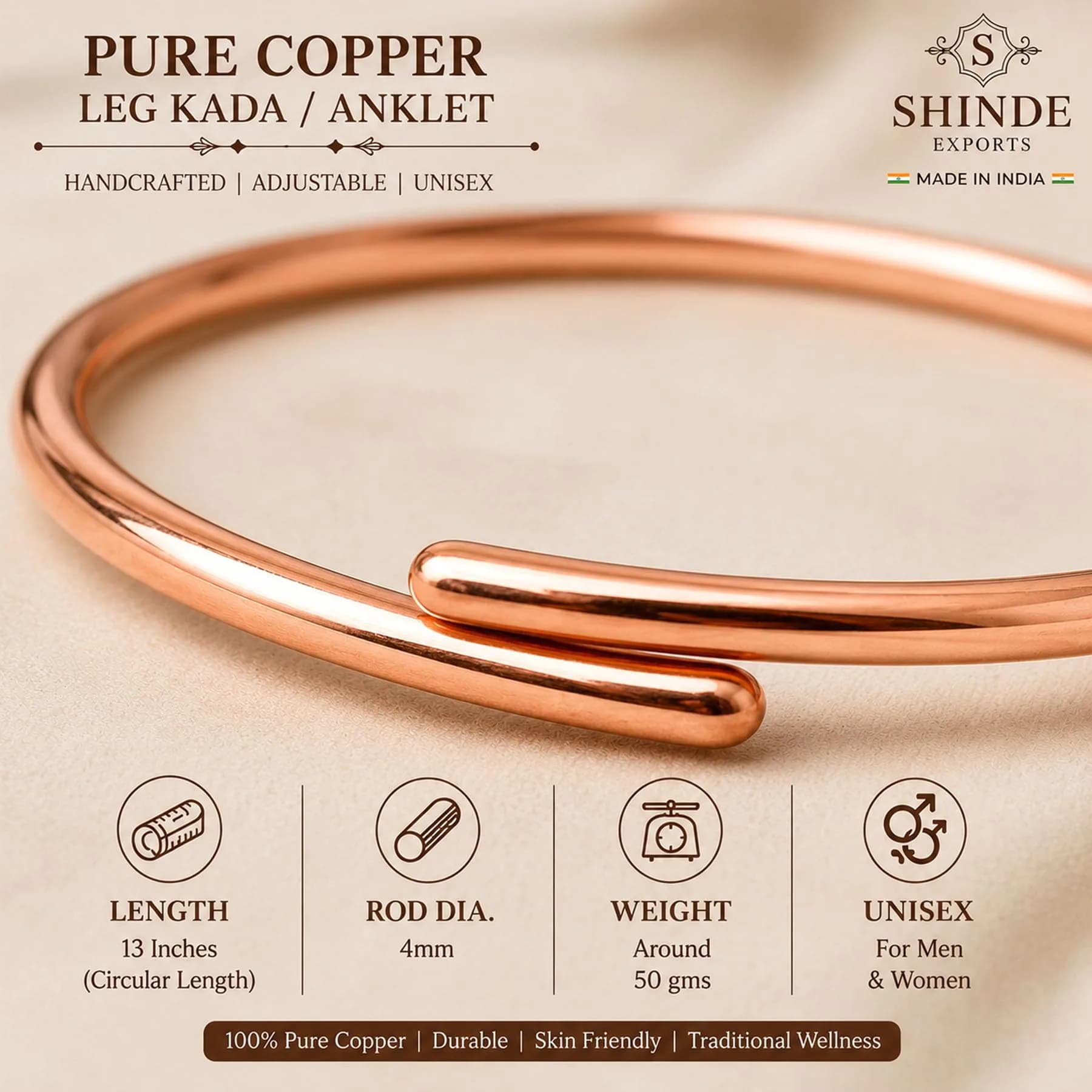 SHINDE EXPORTS Pure Copper Leg Anklet Bracelet Kada for Men and Women | 50gms 4mm Rod, 12-inch Adjustable thumbnail 4
