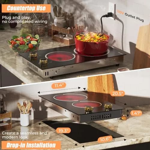 Jessier 2 Burner Electric Cooktop 2000W 110V | Countertop or Built-in with 9 Power Levels thumbnail 4