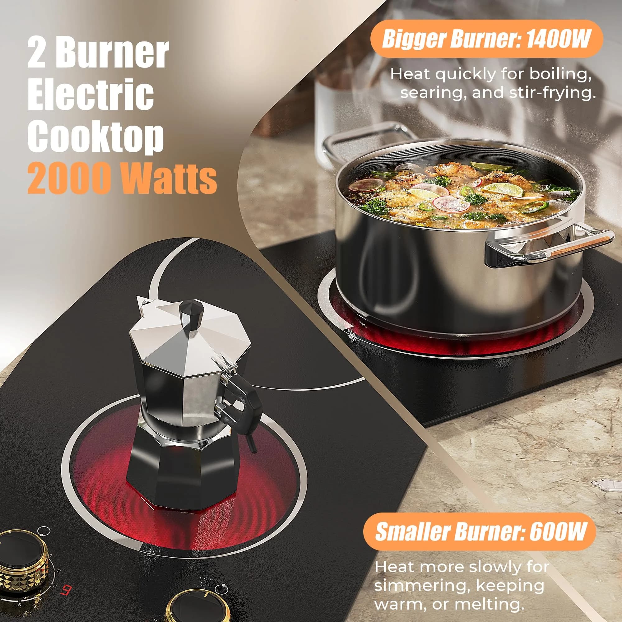 Jessier 2 Burner Electric Cooktop 2000W 110V | Countertop or Built-in with 9 Power Levels - view 5