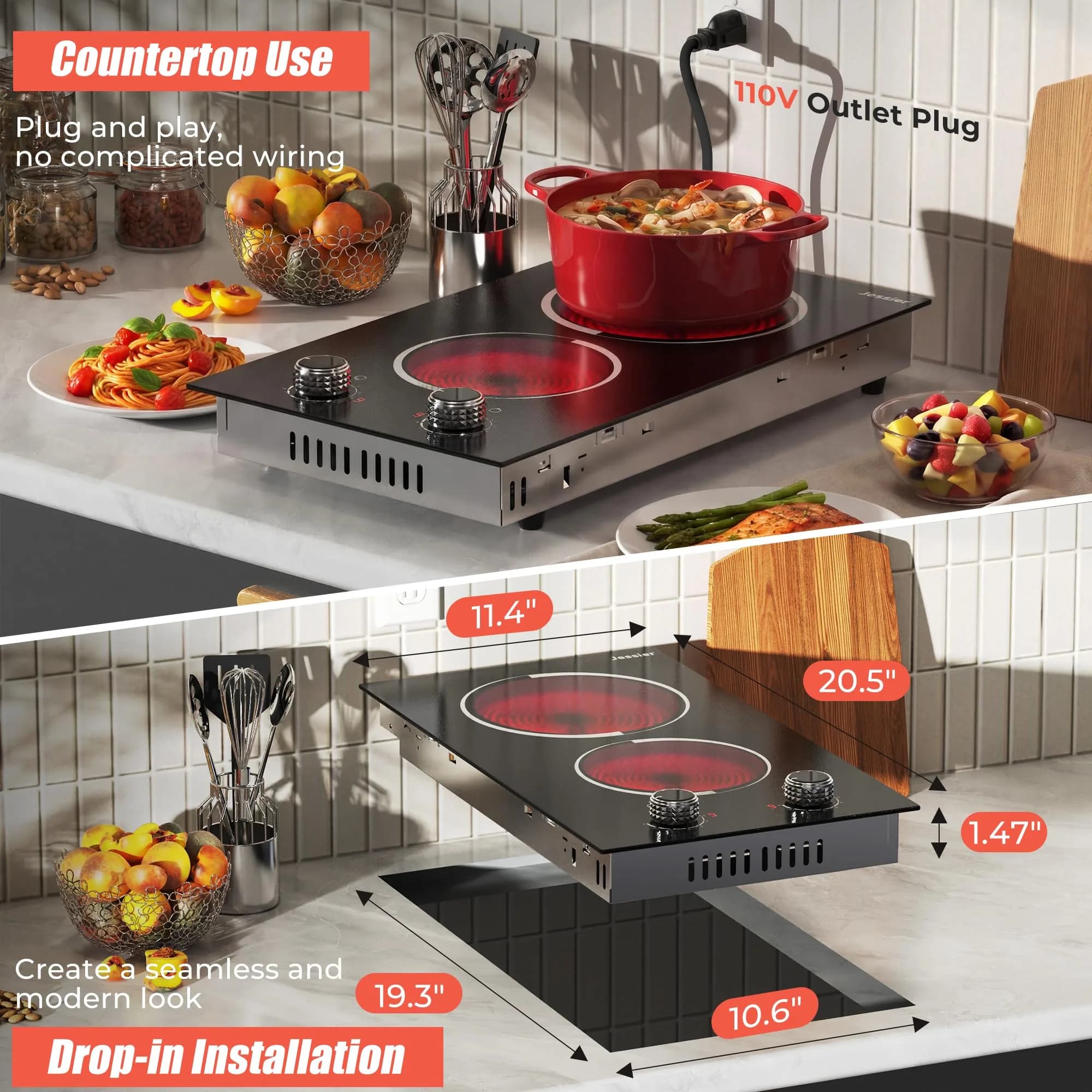 Jessier 2 Burner Electric Cooktop 2000W 220V Compatible | Dual Burner Countertop or Built-In - view 4