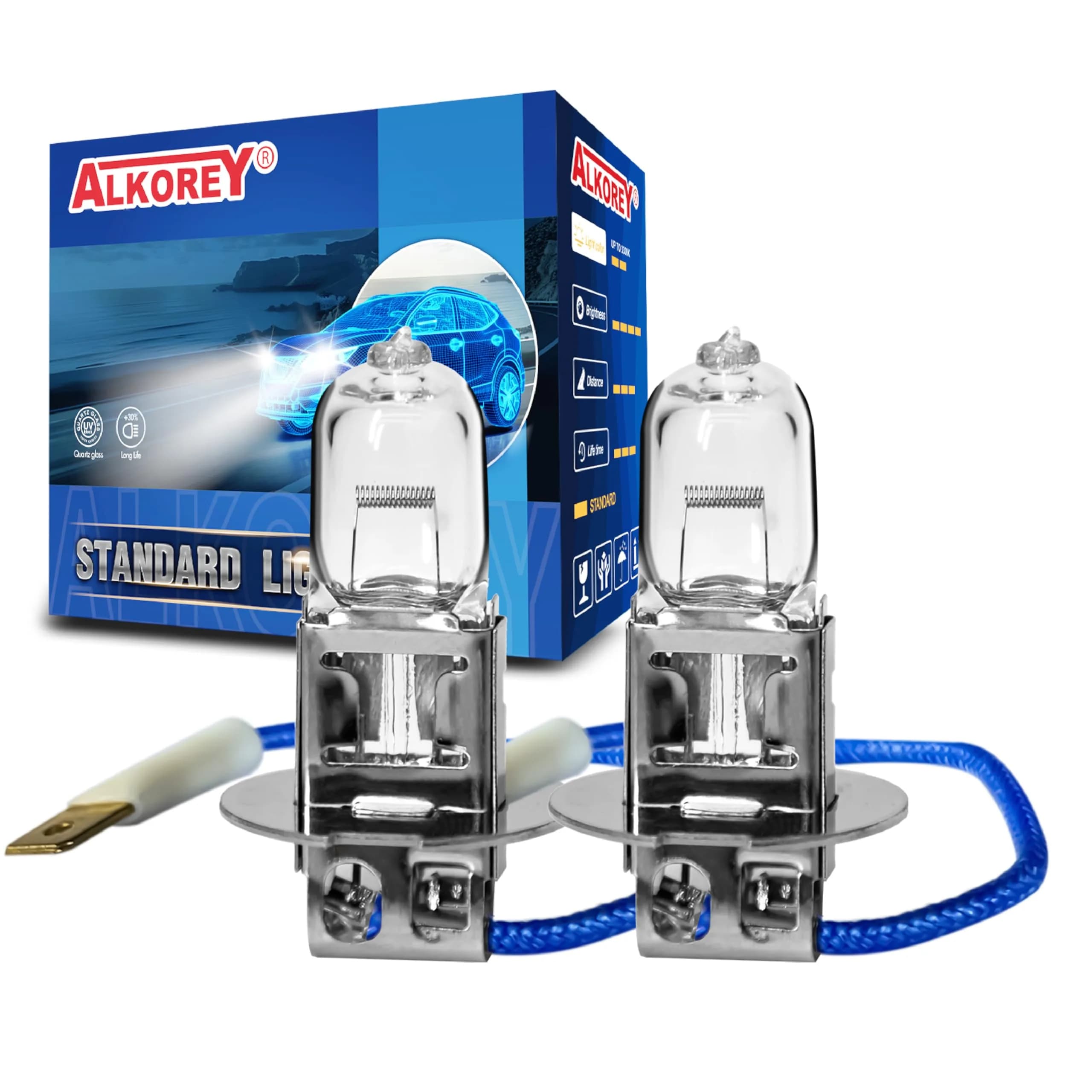 ALKOREY HB3 9005 12v 65w Car Headlight Bulb | Warm White 3300K, High & Low Beam, 2 Pack — H3