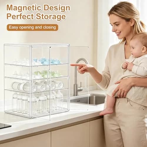 ERTIUANIO 4-Tier Baby Bottle Organizer with Double Doors | Clear Acrylic Countertop Cabinet Storage thumbnail 4
