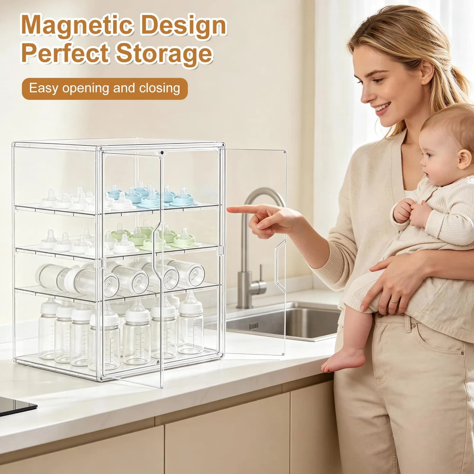 ERTIUANIO 4-Tier Baby Bottle Organizer with Double Doors | Clear Acrylic Countertop Cabinet Storage - view 4