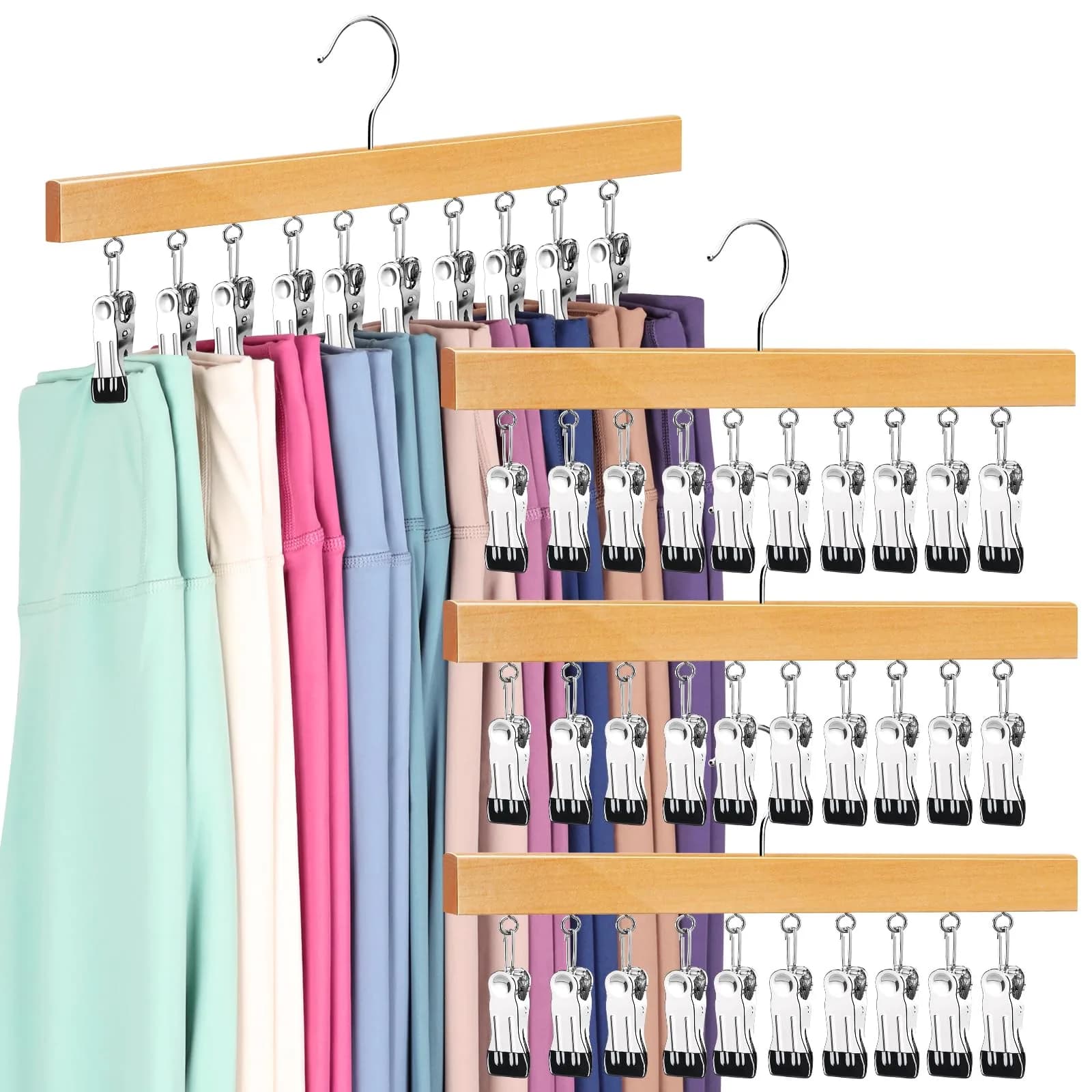 ORROENS Wooden Pants Hangers with Clips for Closet - 4 Pack, Natural Finish | Maximize Closet Space with 360° Rotating Design