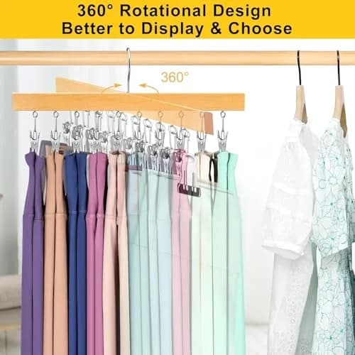 ORROENS Wooden Pants Hangers with Clips for Closet - 4 Pack, Natural Finish | Maximize Closet Space with 360° Rotating Design thumbnail 3