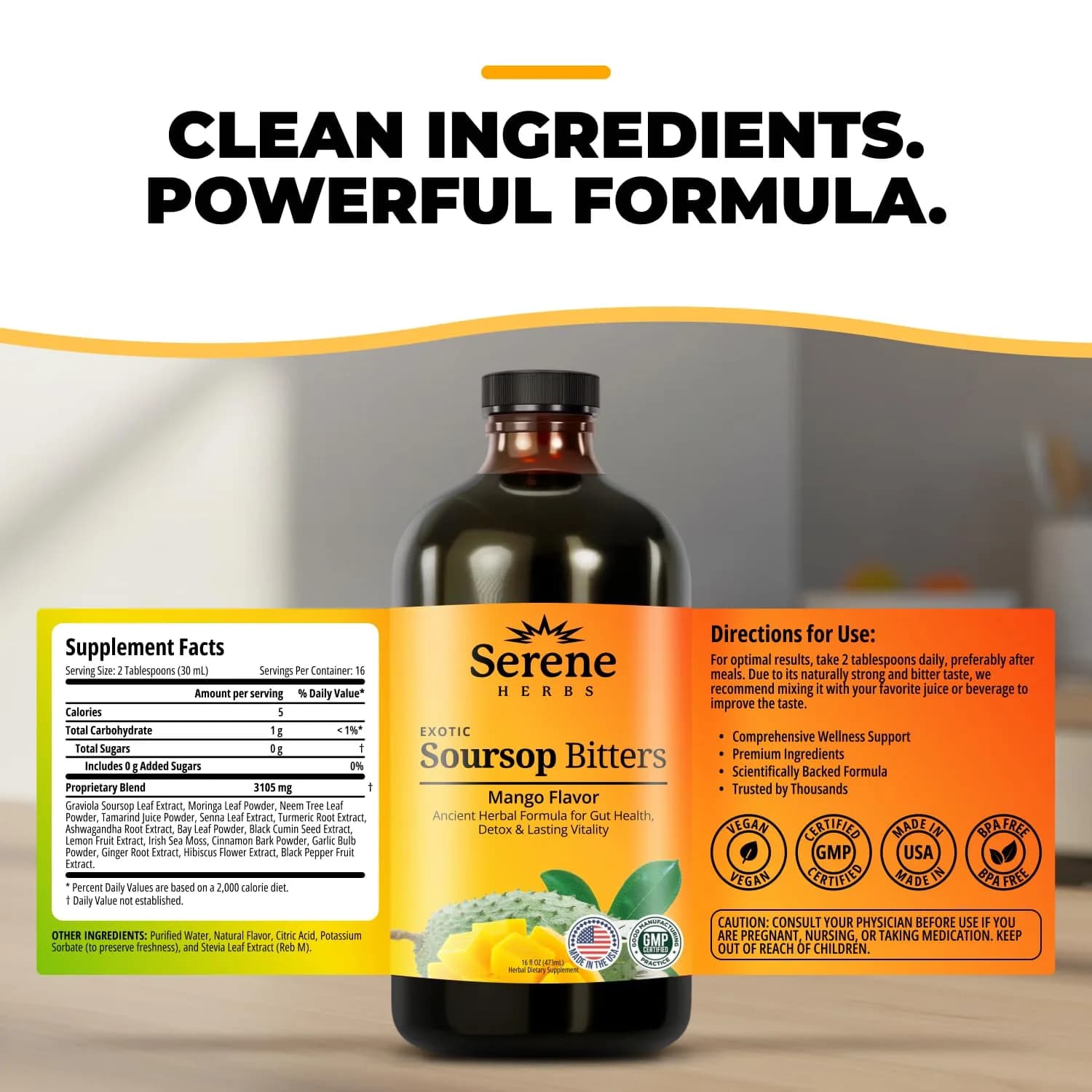 Serene Herbs Soursop Bitters Liquid with Mango, Black Seed, Moringa, Irish Moss & Ashwagandha, 475ml (16 Fl Oz) | Gut Cleanse & Detox - view 7