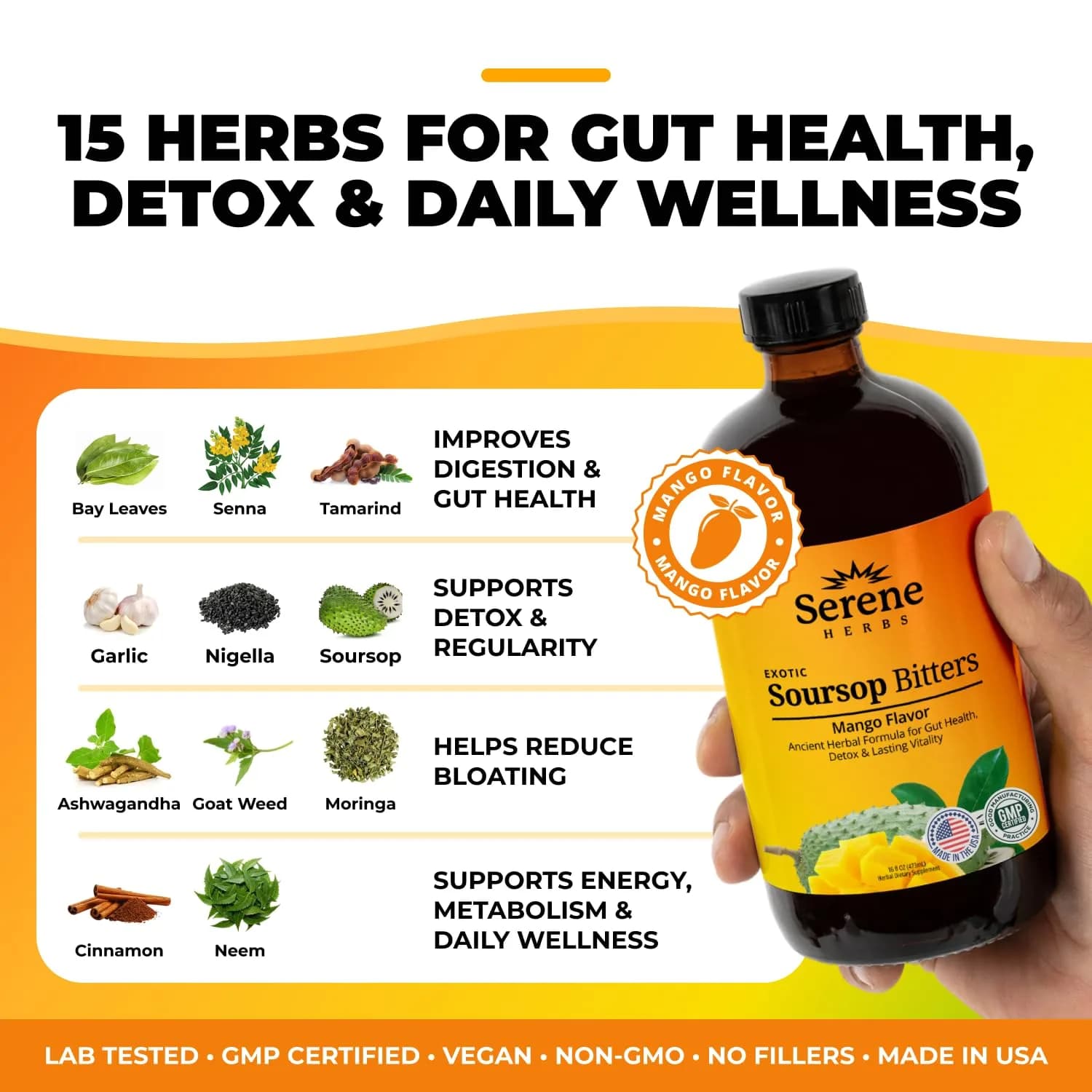 Serene Herbs Soursop Bitters Liquid with Mango, Black Seed, Moringa, Irish Moss & Ashwagandha, 475ml (16 Fl Oz) | Gut Cleanse & Detox - view 2