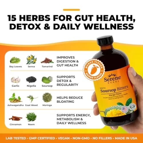 Serene Herbs Soursop Bitters Liquid Mango Flavor 473ml (16 Fl Oz) | Gut Cleanse & Detox Supplement thumbnail 2