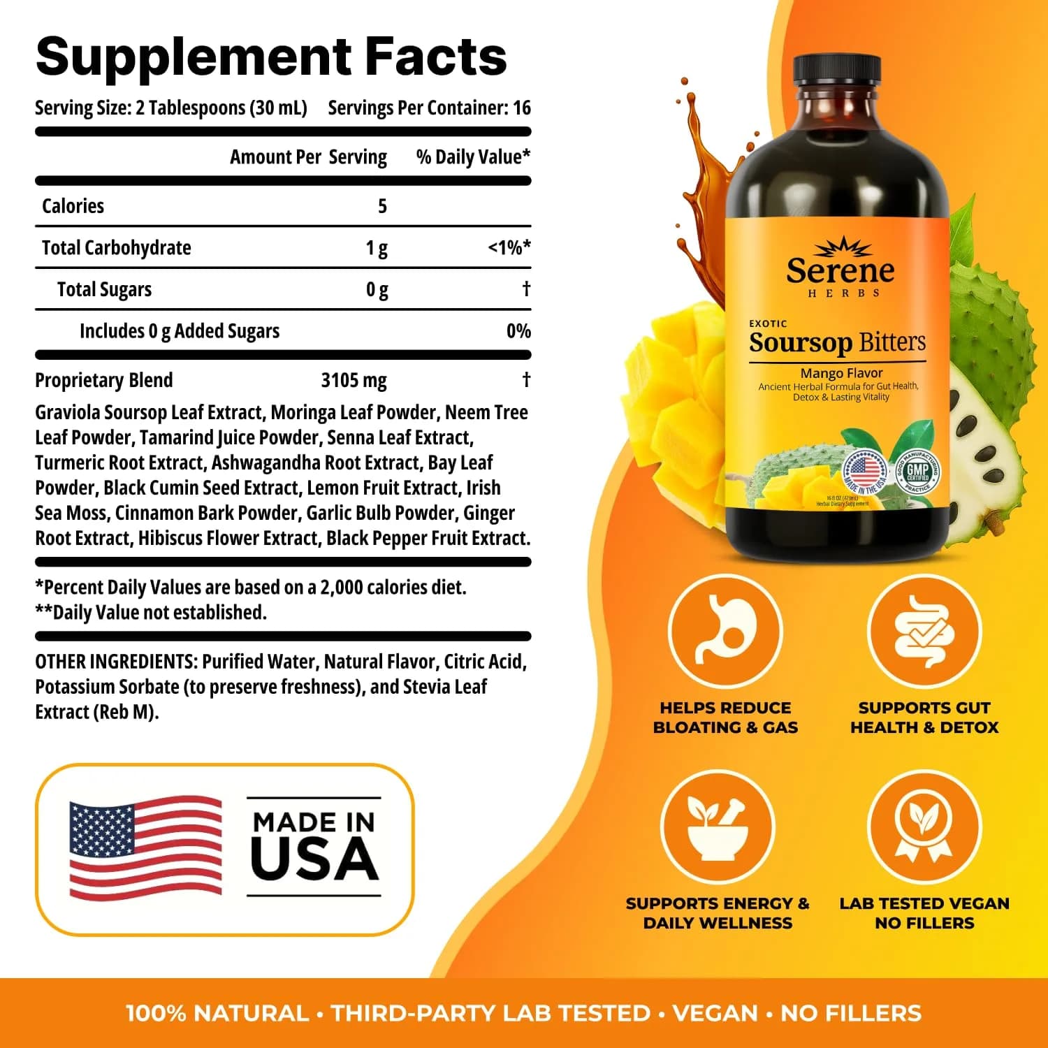 Serene Herbs Soursop Bitters Liquid with Mango, Black Seed, Moringa, Irish Moss & Ashwagandha, 475ml (16 Fl Oz) | Gut Cleanse & Detox - view 3