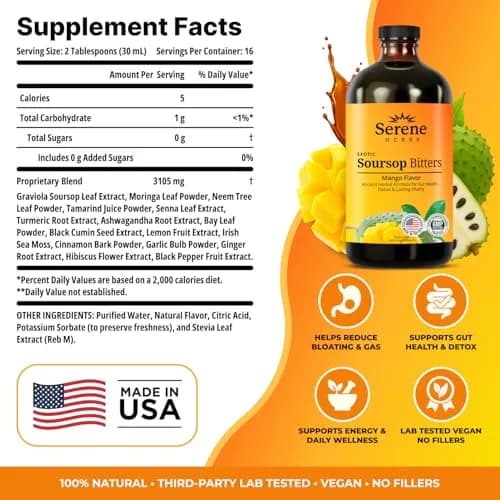 Serene Herbs Soursop Bitters Liquid Mango Flavor 473ml (16 Fl Oz) | Gut Cleanse & Detox Supplement thumbnail 3