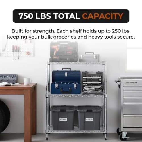 Brutis 3-Tier Metal Wire Shelf, 250 lb/Shelf, Chrome, 13.5x23.3x30.1 in | Heavy-duty storage for home & commercial use thumbnail 8