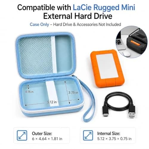 ALKOO Case for LaCie Rugged Mini External Hard Drive | Blue Hard Shell Organizer with Accessory Pocket & Wrist Strap thumbnail 2