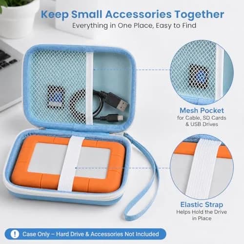 ALKOO Case for LaCie Rugged Mini External Hard Drive | Blue Hard Shell Organizer with Accessory Pocket & Wrist Strap thumbnail 3