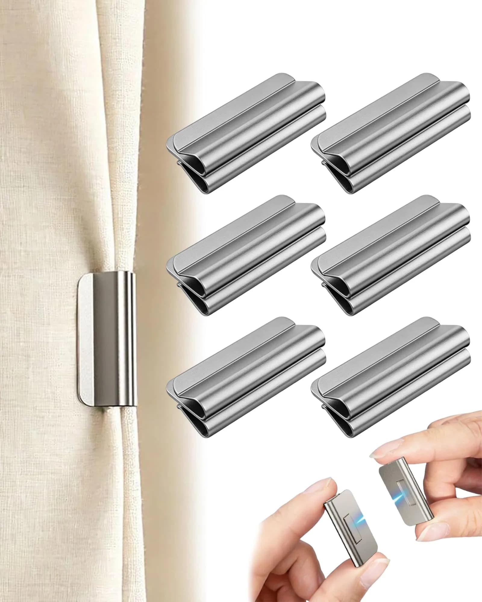 JODUY Magnetic Curtain Clips 6 Pairs (12 Pcs) Silver | Tool-Free Light-Blocking Closure Set - main product image