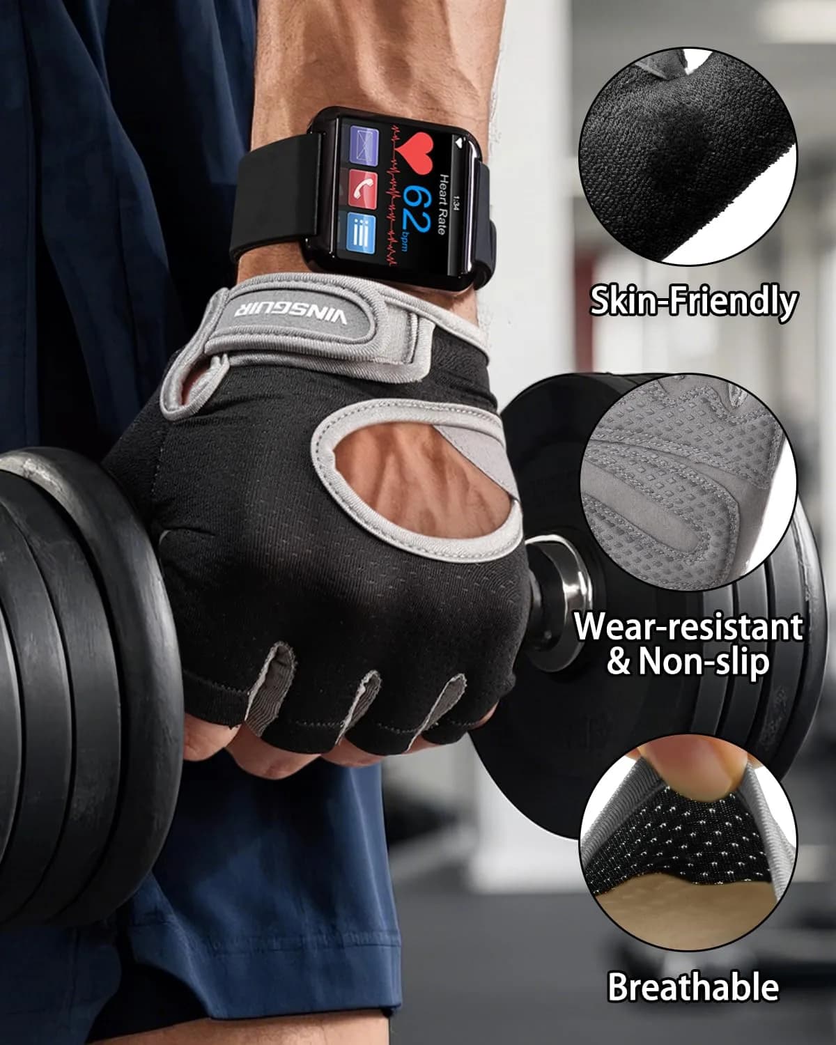 VINSGUIR Workout Gloves for Women & Men - Black/Gray, Small Size for Enhanced Grip & Protection - view 4