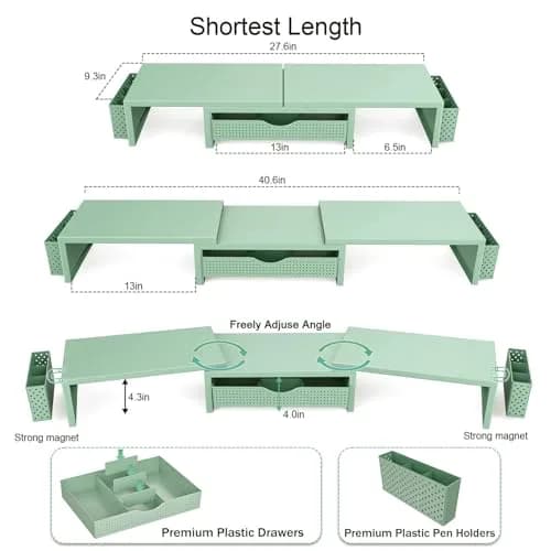 gianotter Dual Monitor Stand Riser With Drawer & Pen Holders, 40.6cm (15.98in) Length, Sage Green | USPTO Patented Design for Desk Organization thumbnail 4