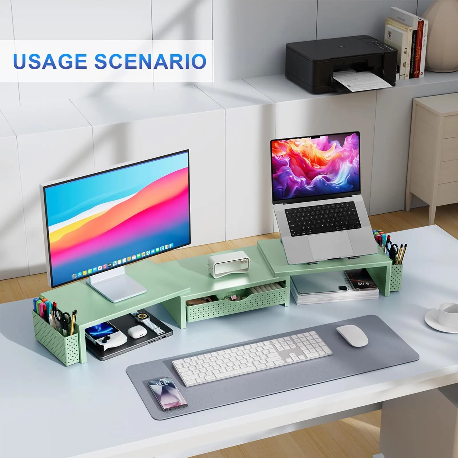 gianotter Dual Monitor Stand Riser With Drawer & Pen Holders, 40.6cm (15.98in) Length, Sage Green | USPTO Patented Design for Desk Organization - view 5