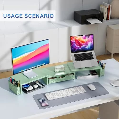 gianotter Dual Monitor Stand Riser With Drawer & Pen Holders, 40.6cm (15.98in) Length, Sage Green | USPTO Patented Design for Desk Organization thumbnail 5