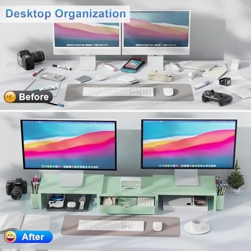 gianotter Dual Monitor Stand Riser With Drawer & Pen Holders, 40.6cm (15.98in) Length, Sage Green | USPTO Patented Design for Desk Organization thumbnail 2