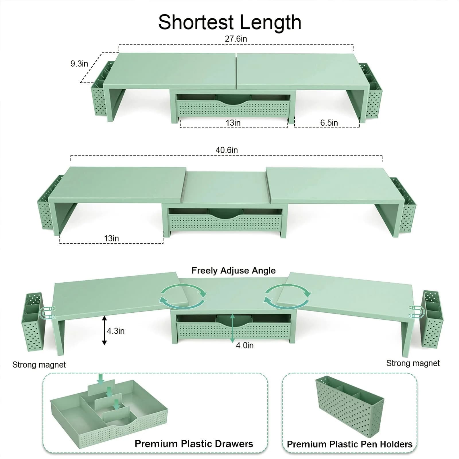 gianotter Dual Monitor Stand Riser With Drawer & Pen Holders, 40.6cm (15.98in) Length, Sage Green | USPTO Patented Design for Desk Organization - view 4