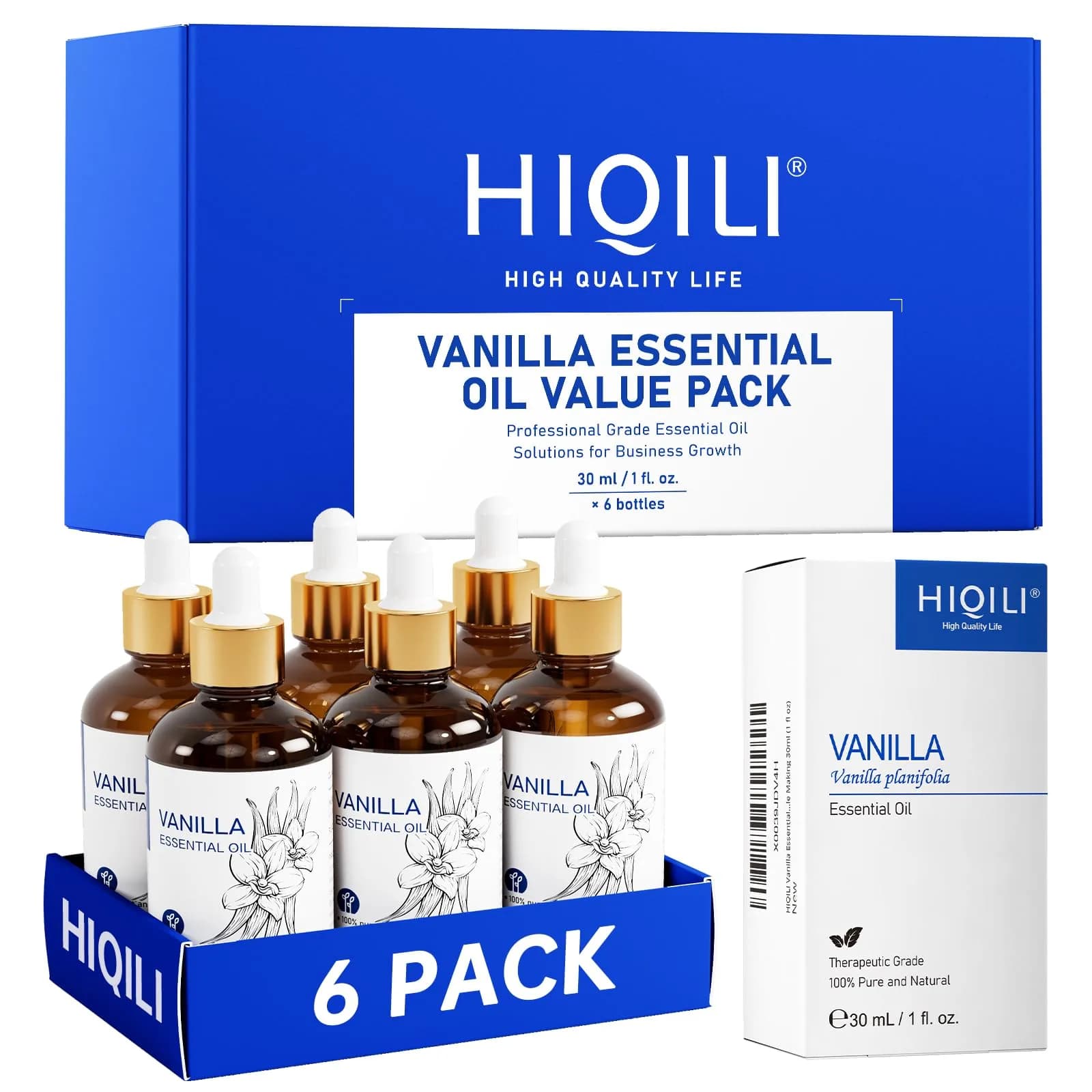 HIQILI Vanilla Essential Oil Set with Diffuser, 6 x 1 fl oz Bottles | Stable Quality Bulk Pack for Business & Home Use - main product image