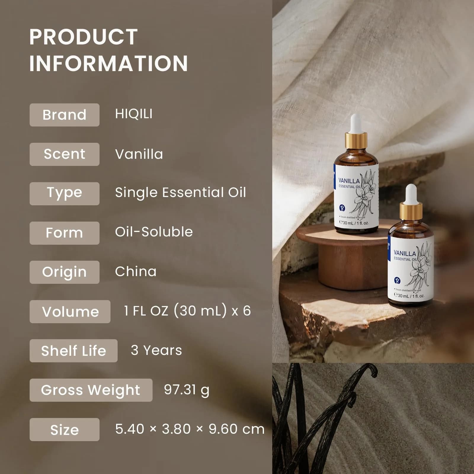 HIQILI Vanilla Essential Oil Set, 6 x 1.01 Fl Oz (6.06 Fl Oz Total) | Warm Sweet Aroma for Skin, DIY & Home - view 7