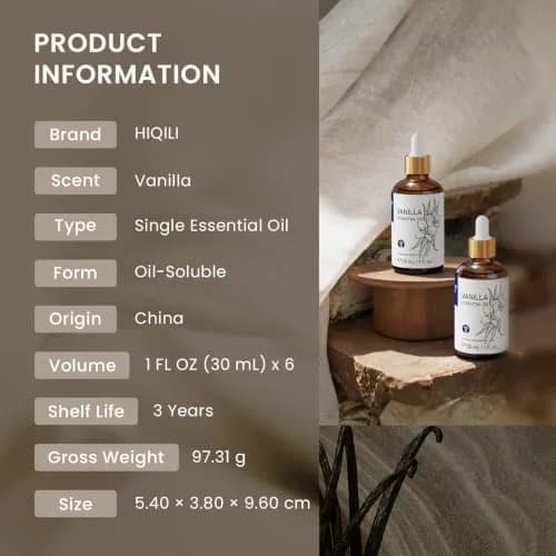 HIQILI Vanilla Essential Oil Set, 6 x 1.01 Fl Oz (6.06 Fl Oz Total) | Warm Sweet Aroma for Skin, DIY & Home thumbnail 7