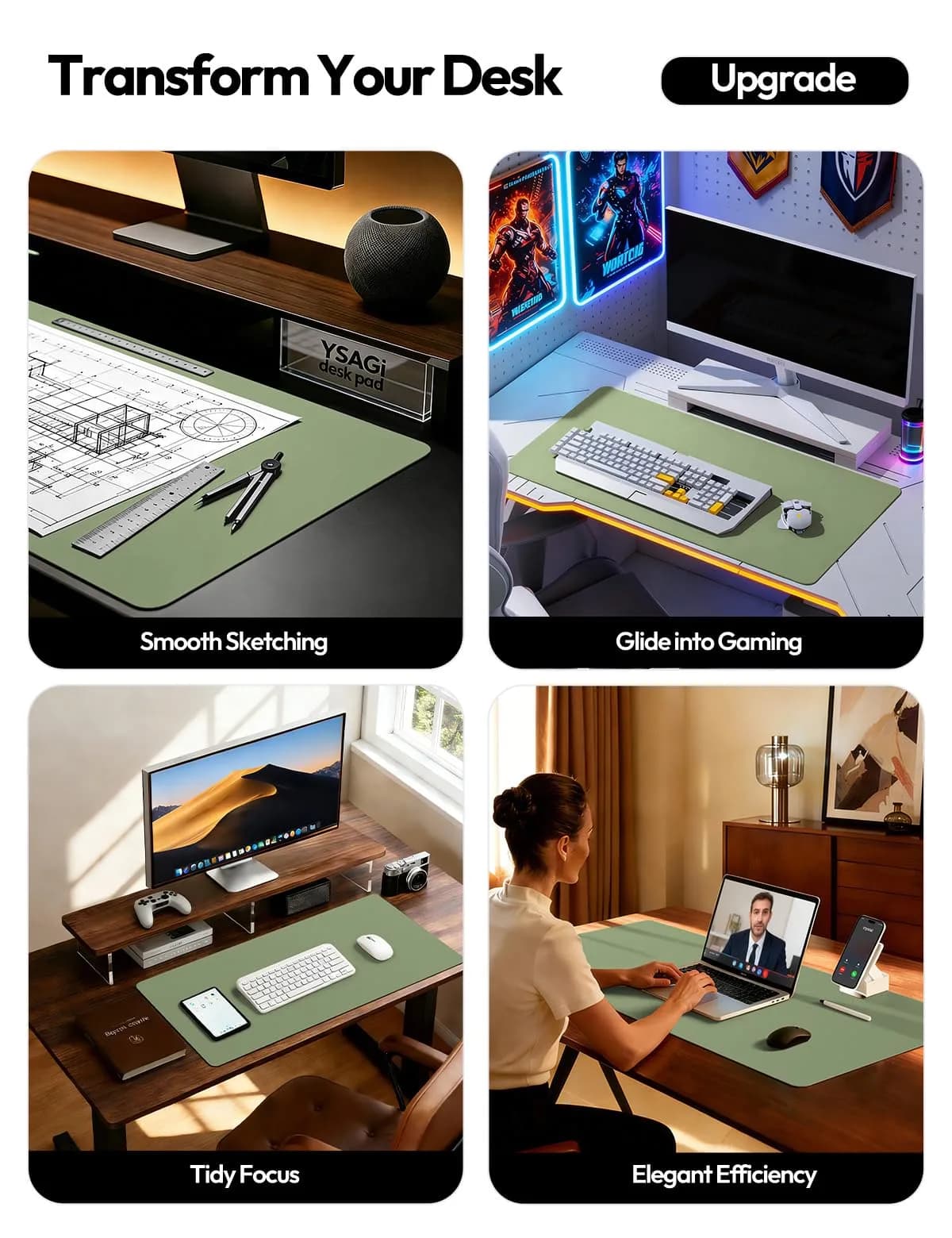 YSAGi Large Desk Protector Mat (42" x 17.2", Bamboo Green) | Waterproof PU Leather Writing Pad - view 2