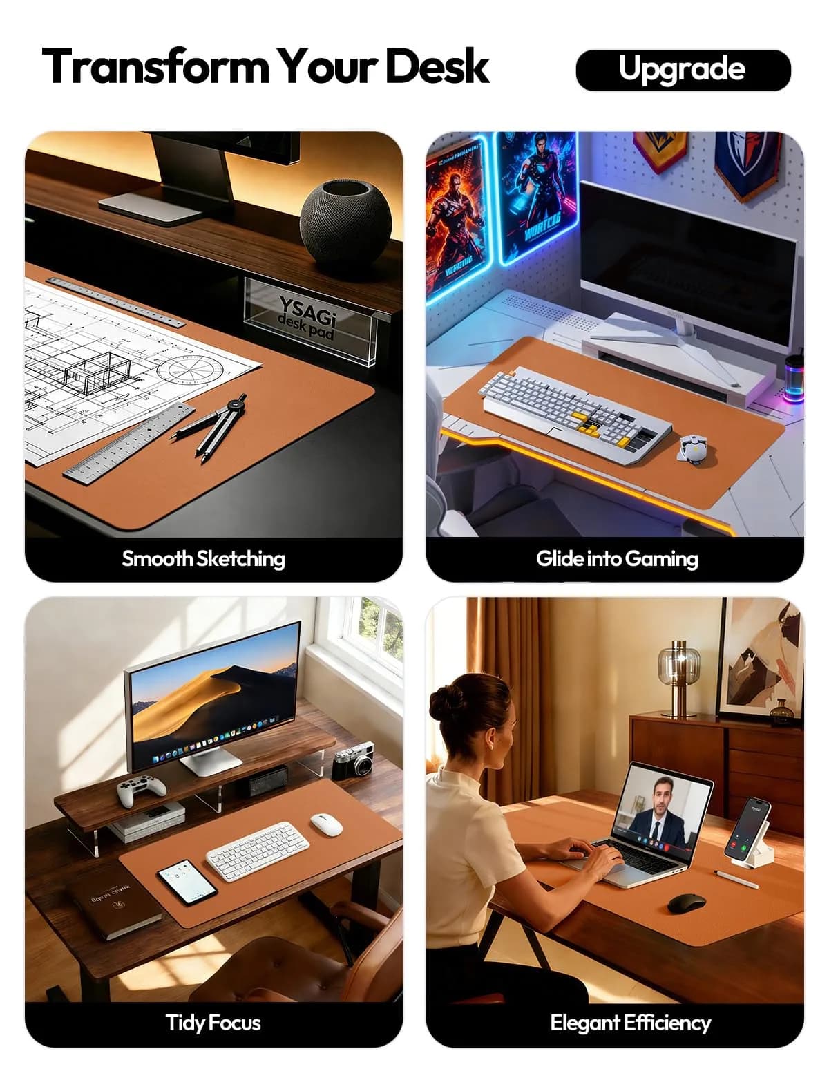 YSAGi Leather Desk Protector Large Mouse Mat 42" x 17.2" | Protects Your Desk from Scratches and Spills - view 2