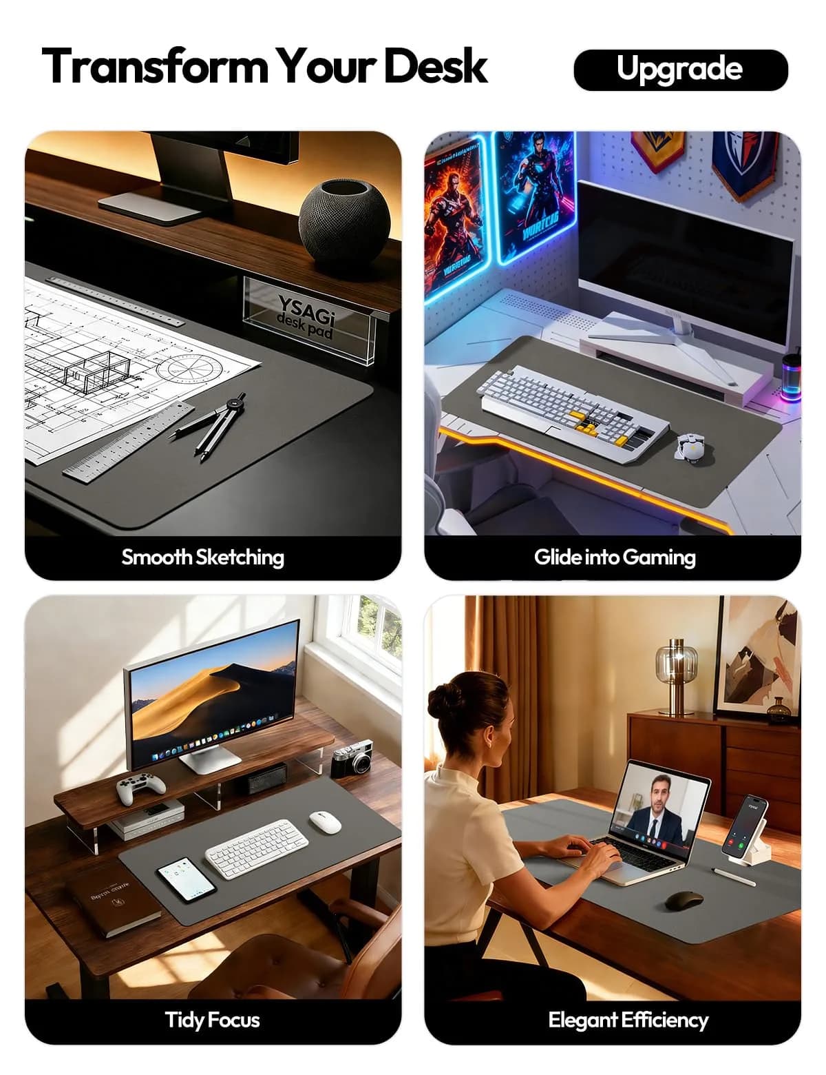 YSAGi Leather Desk Protector Mat, Large Mouse Pad, Dark Grey (63" x 17.2") | Protects Your Desk from Scratches and Spills - view 2