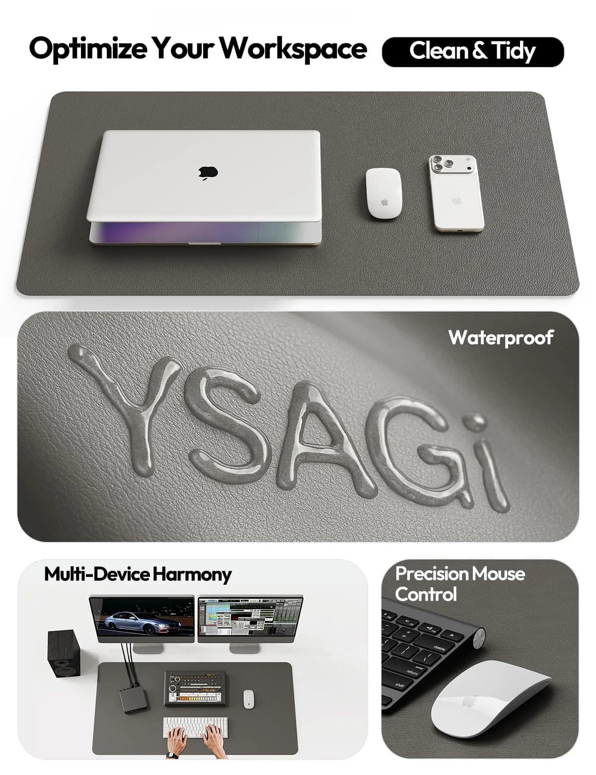 YSAGi Leather Desk Protector Mat, Large Mouse Pad, Dark Grey (63" x 17.2") | Protects Your Desk from Scratches and Spills - view 8