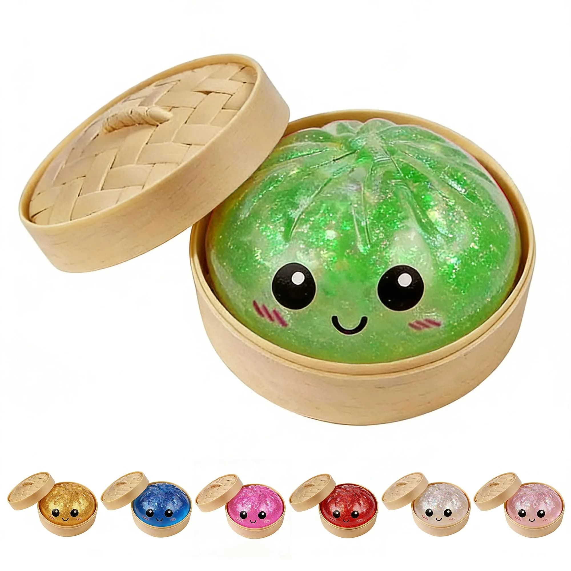 OPOM Glitter Dumpling Squishy Toy with Steamer Case, Mystery Box, Stress Ball for Kids & Adults (Glitter Green) - main product image