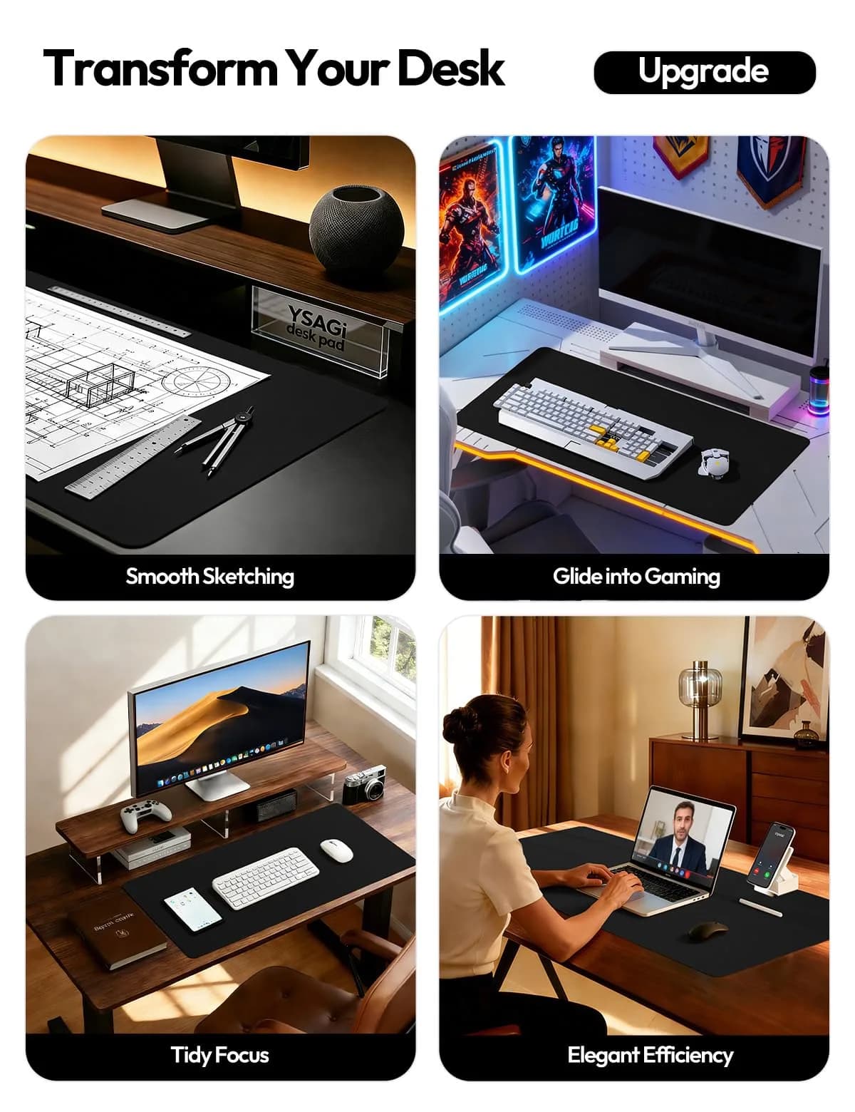 YSAGi Leather Desk Protector Large Mouse Mat 63" x 17.2" | Protects Desk from Scratches and Spills - view 2